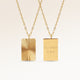 Personalized square gold necklace with ribbed sunburst pattern and space for engraving of text, coordinates or handwriting on the back