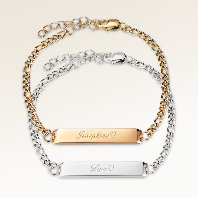Veninde-armbånd, par af to bar armbånd i guld og sølv med personlig indgravering, fra Mon Chou