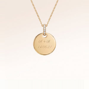 Personalised round gold necklace with white zirconia and engraved initials and date – room for text, coordinates or handwriting on the front and back