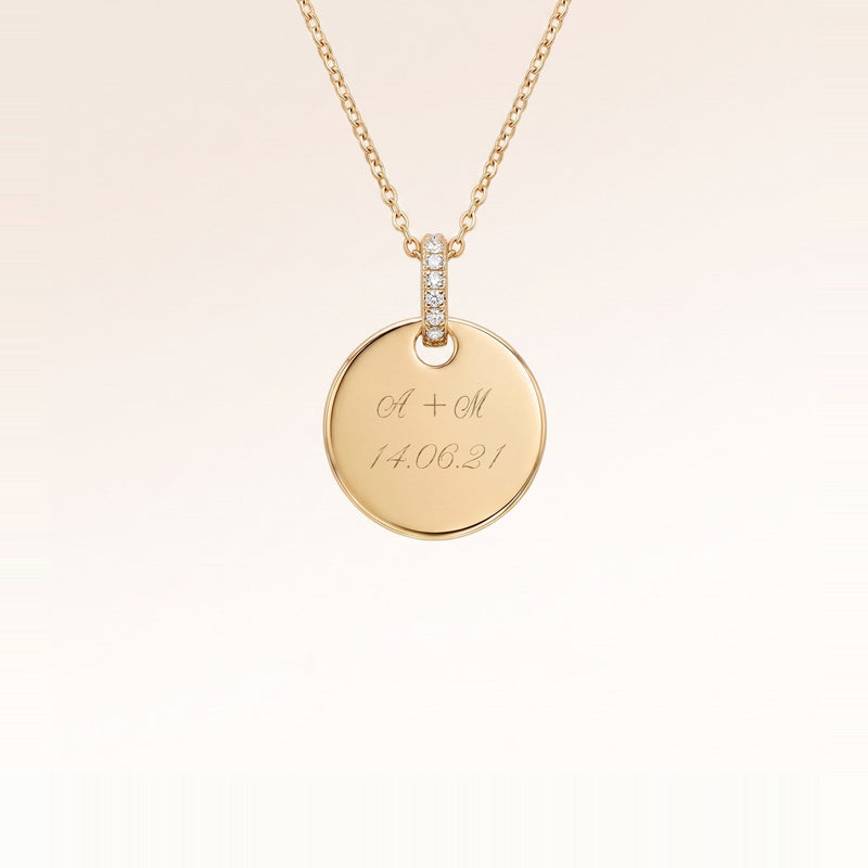 Personalised round gold necklace with white zirconia and engraved initials and date – room for text, coordinates or handwriting on the front and back