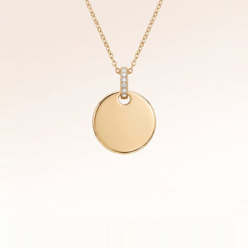 Round gold necklace with white zirconia without engraving – ready for your personal text, coordinates or handwriting on the front and back