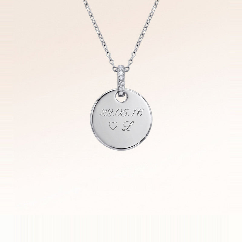 Personalised round silver necklace with white zirconia and engraved date and initial – room for text, coordinates or handwriting on the back