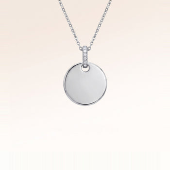 Round silver necklace with white zirconia without engraving – ready for your personal text, coordinates or handwriting on the front and back
