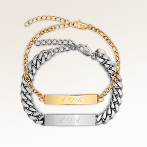 Kæreste-armbånd med bar armbånd 5 mm til hende og 8 mm til ham i guld og sølv med personlig indgravering, fra Mon Chou