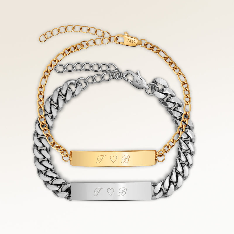 Kæreste-armbånd med bar armbånd 5 mm til hende og 8 mm til ham i guld og sølv med personlig indgravering, fra Mon Chou