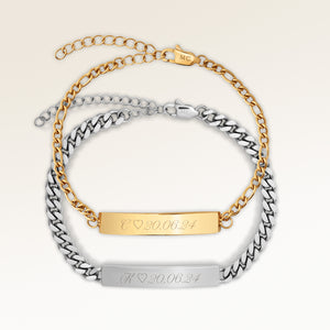 Kæreste-armbånd, par af to bar armbånd i guld og sølv med personlig indgravering, fra Mon Chou