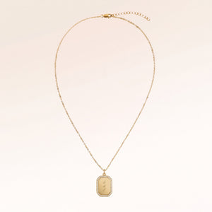 Full octagon gold necklace with white zirconia laid out flat with a fine adjustable gold chain and an octagon pendant for personal engraving